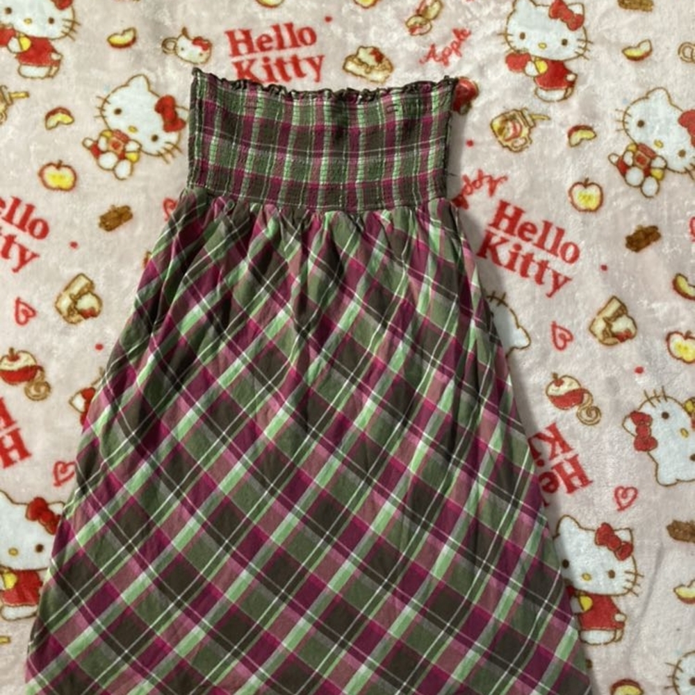 strapless plaid green and pink dress y2k